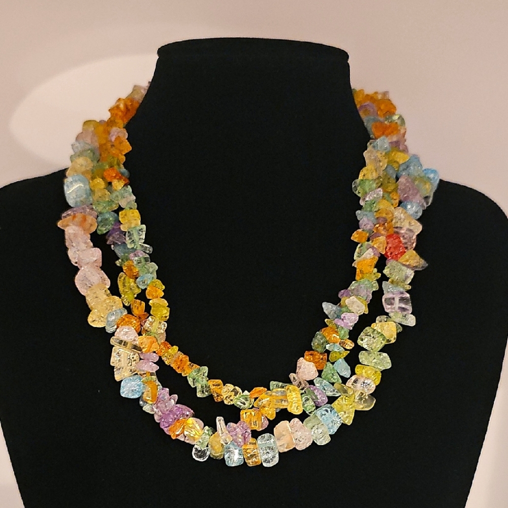 Multicolor Crackled Glass Chip Gemstone Style Necklace Set